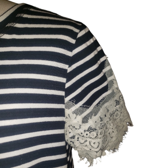 Umgee Black White Stripes Floral Lace Trim Scoopneck Pockets Mini Shift Dress M - Picture 8 of 16